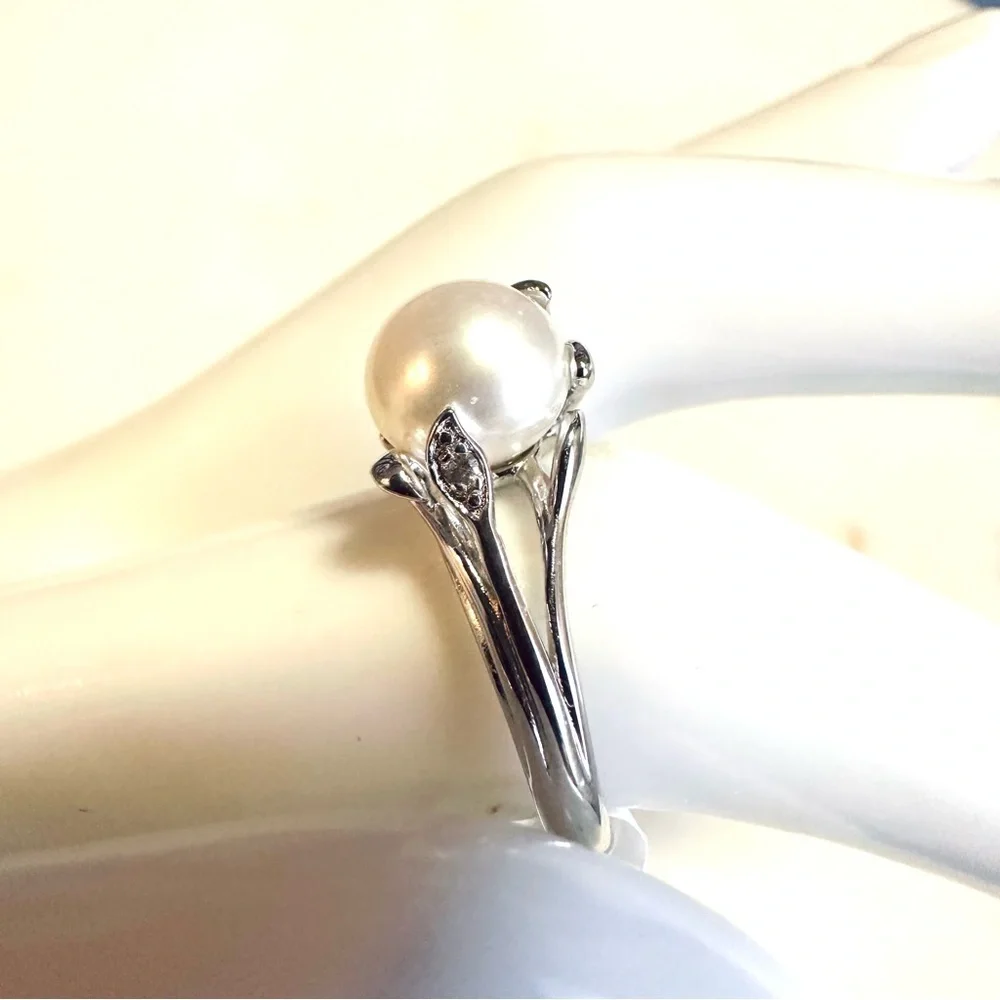 White Cultured Freshwater Pearl & White Zircon Rhodium Over Sterling Silver Ring
